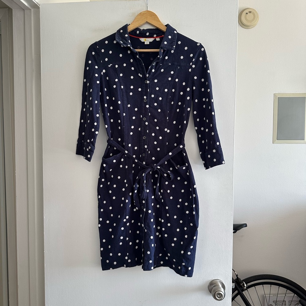 Boden Navy/ White Polka Dot Cotton 3/4 Sleeve Collared Mini Dress size 4R EUC